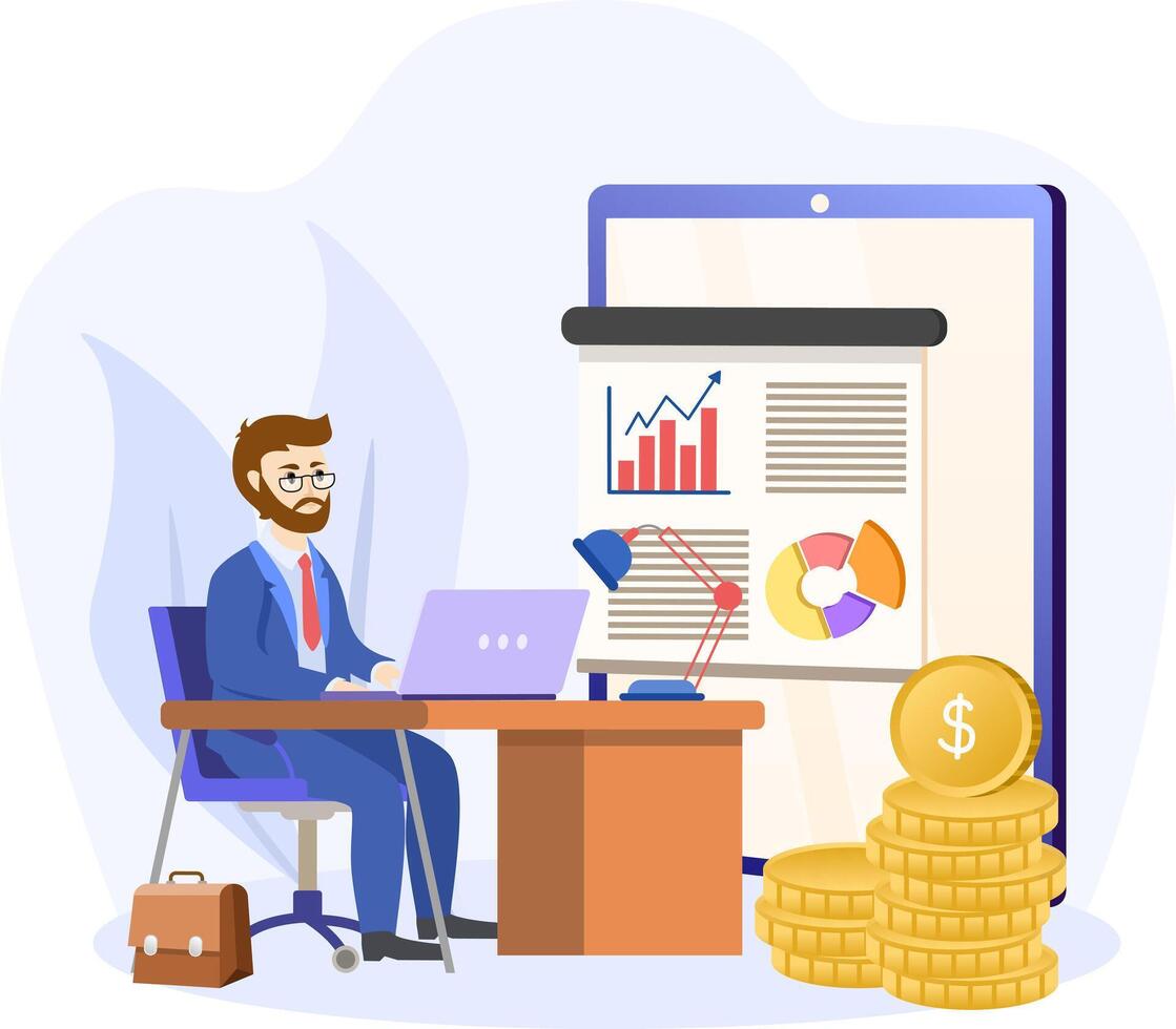Business model illustration. Concept the man present with whiteboard business model canvas. illustration flat. Corporation company plan written in large paper. vector