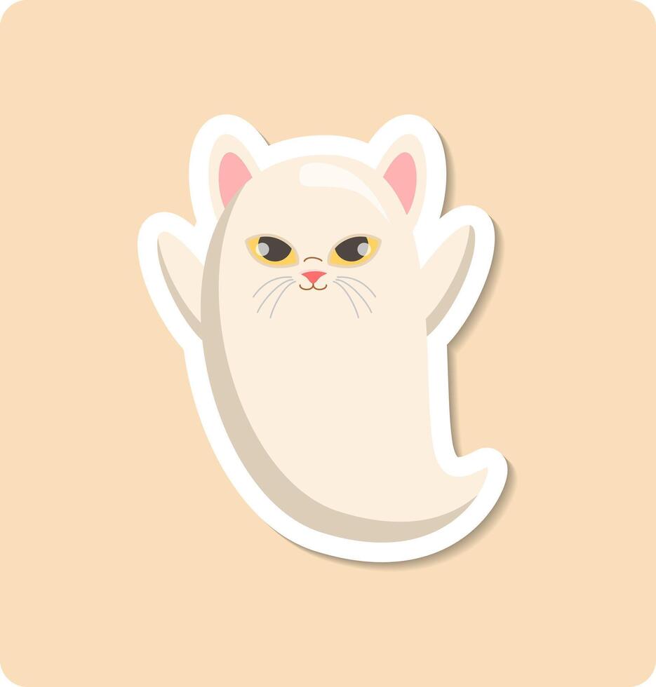 Cute white cat ghost floating with pumpkins in halloween night vector