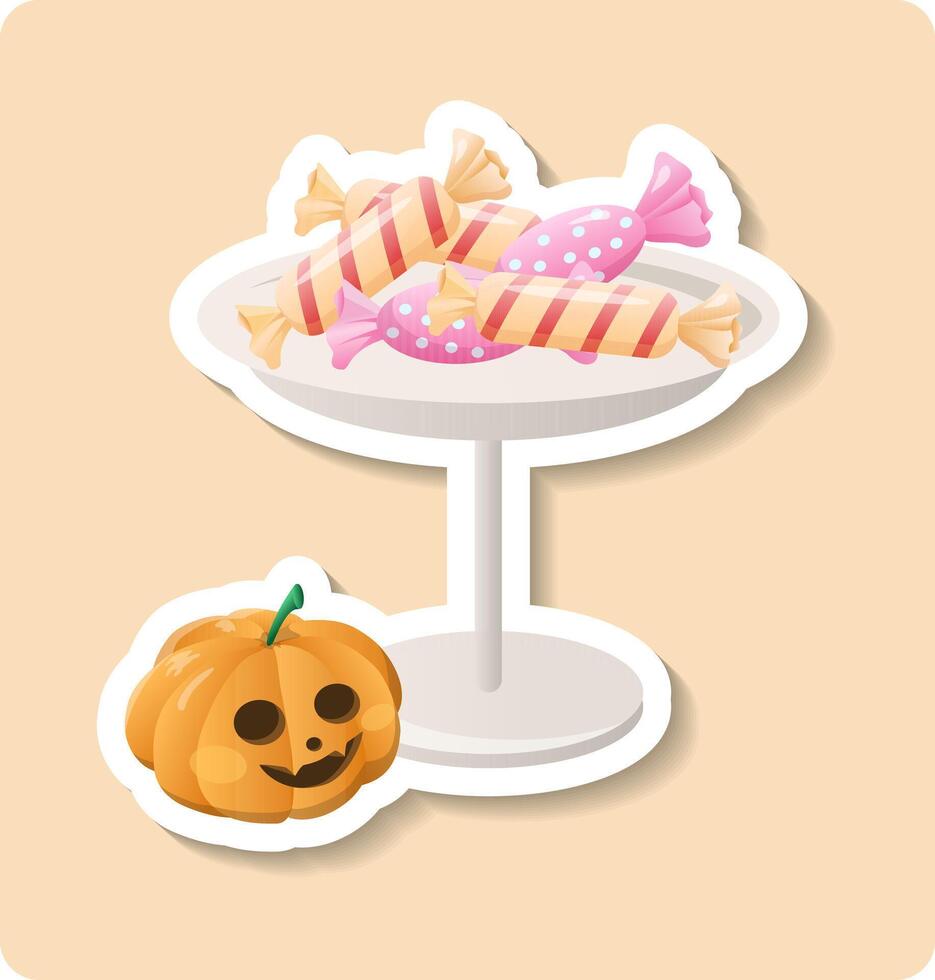 Halloween candies lying on table with jack o lantern pumpkin celebrating halloween vector