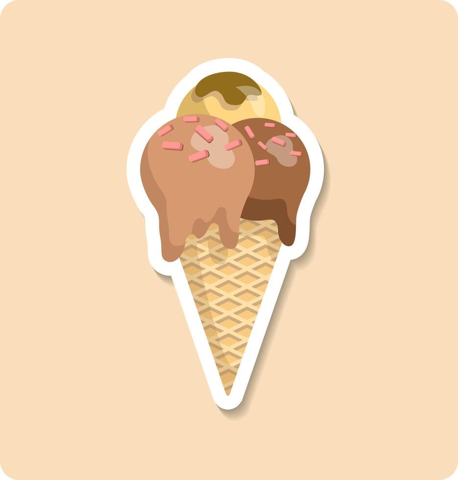 Delicious ice cream cone melting on sunny day with clouds and leaves vector