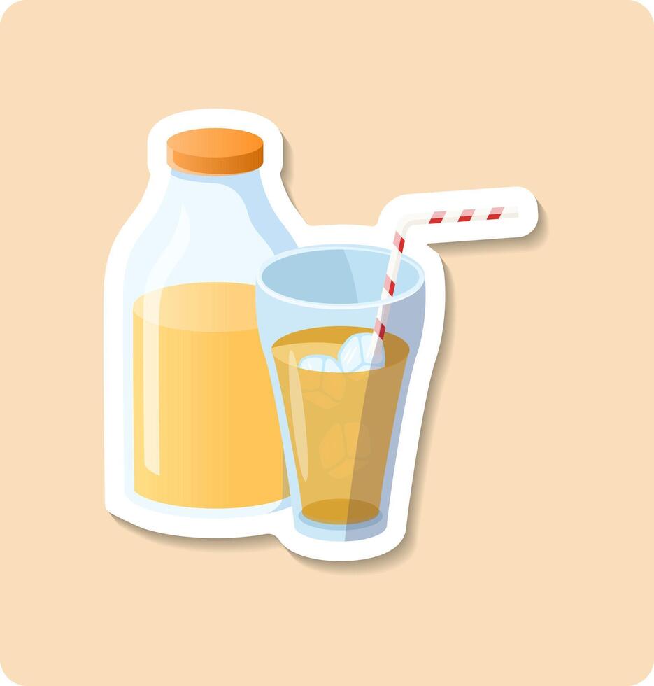 Refreshing orange juice in glass and bottle with ice and straw on green background vector