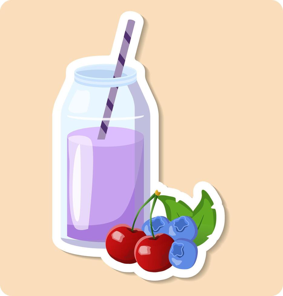 Healthy refreshing berry smoothie with straw in glass jar vector