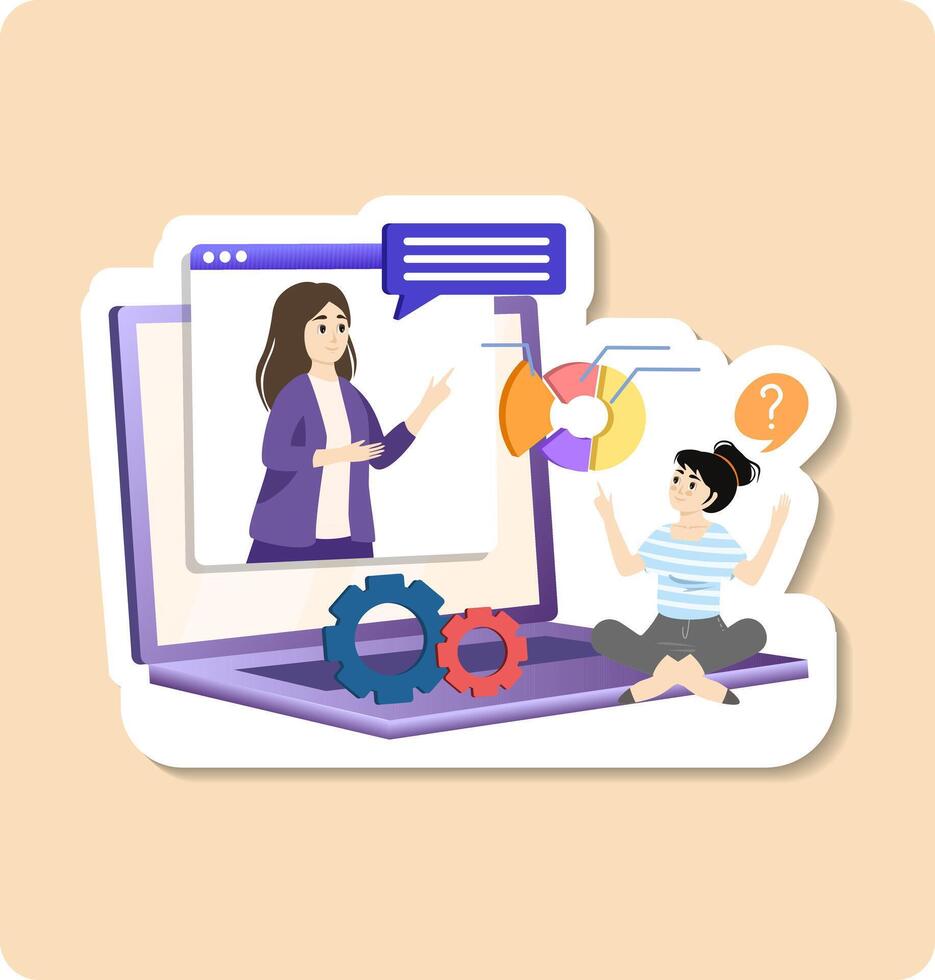 Businesswoman giving online presentation explaining charts and business strategy using laptop computer vector
