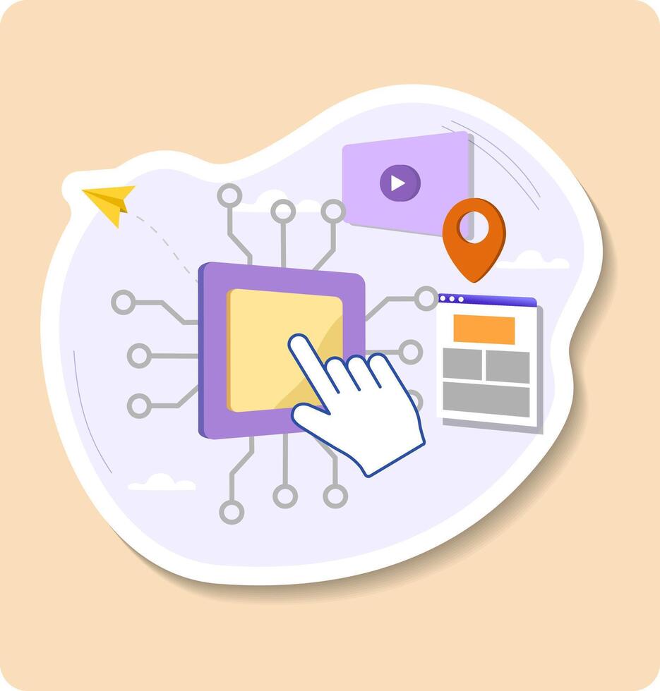 Hand pointing at microchip managing player website and location pin vector