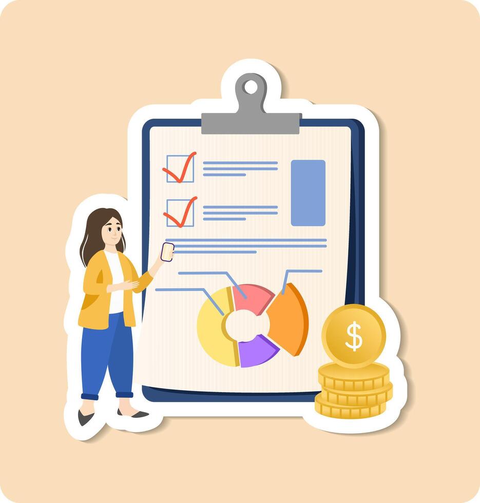 Businesswoman managing financial report with checklist and pie chart on clipboard for successful investment strategy vector
