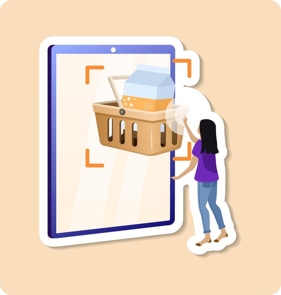 Woman using augmented reality app on smartphone for online grocery shopping vector