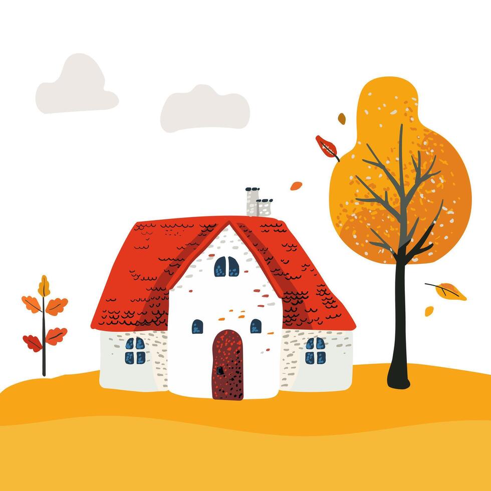 Cartoon Village House with a tiled roof. Folk yellow tree and clouds. Postcard and poster. For children print textiles vector