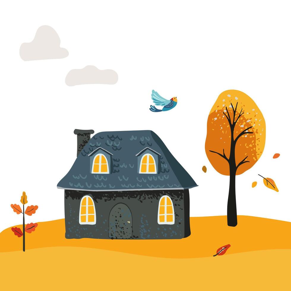 Cartoon evening Village House with a tiled roof. Folk yellow leaves on a tree. Postcard and poster. For children print textiles vector