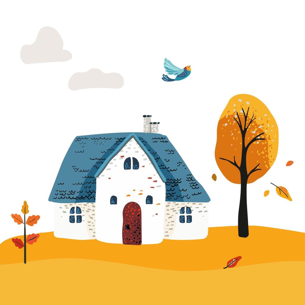 Cartoon evening Village House with a blue roof. Folk yellow leaves on a tree. Postcard and poster. For children print textiles vector