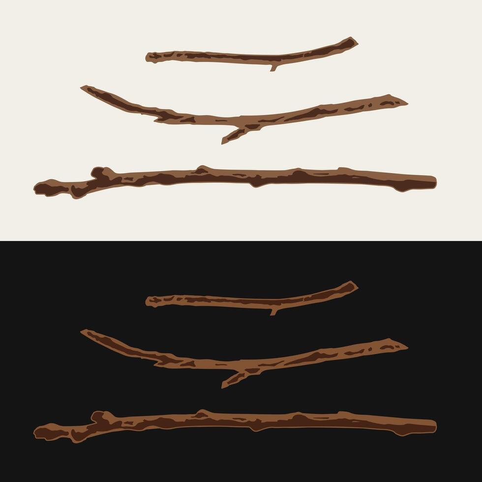 Dry thin wooden sticks on a white, dark background. Tree sprig, twig without leaves. Image tracing, cleaned and simplified illustration. Realistic style. Not AI. vector