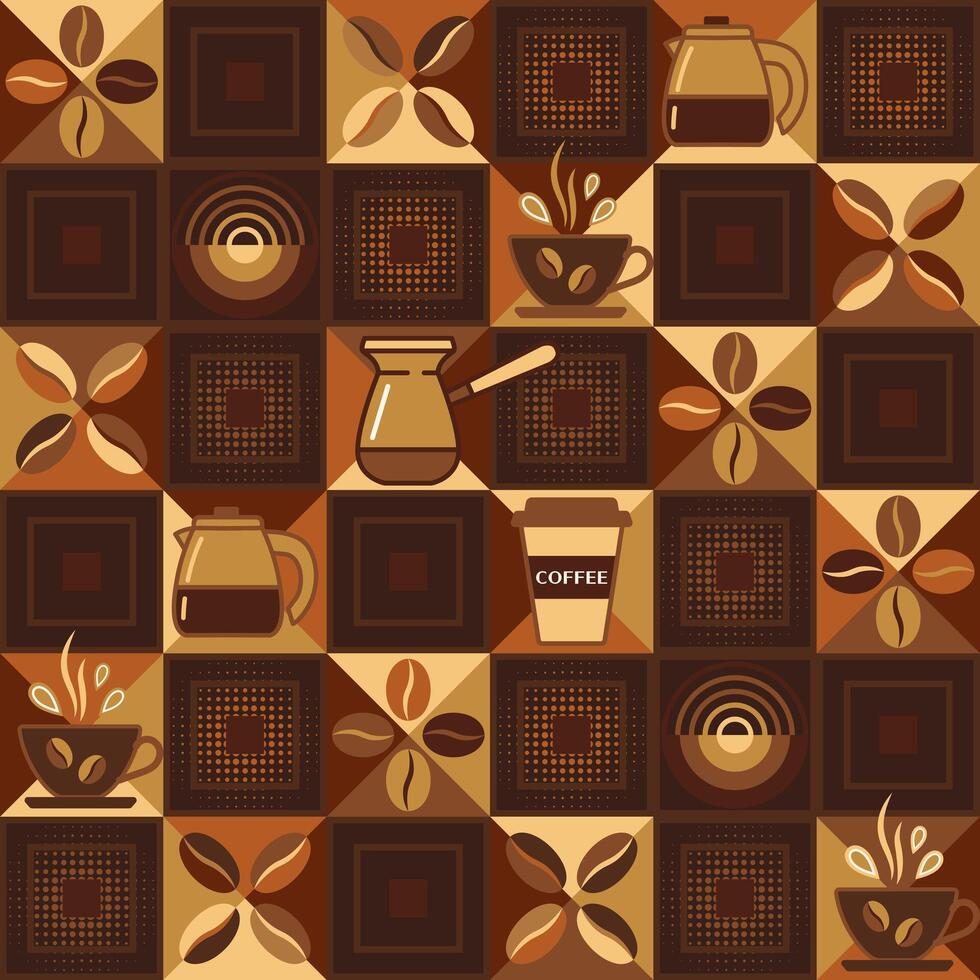Checkered coffee seamless pattern with icons, geometric shapes. Classic square grid. Retro simple style. For branding, decoration of food package, kitchen textile vector