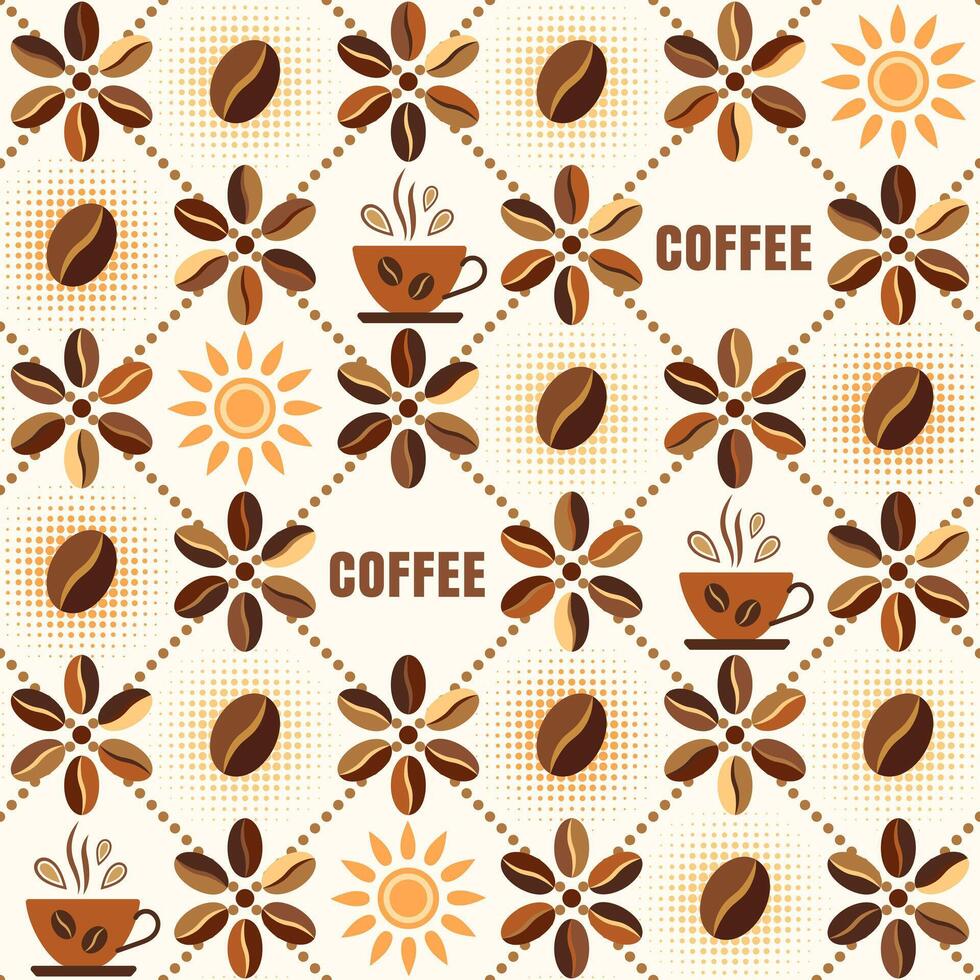 Seamless geometric pattern with icons of coffee beans, coffee cups, sun, text in dotted diagonal square grid. Retro simple style. For branding, decoration of food package, kitchen textile vector
