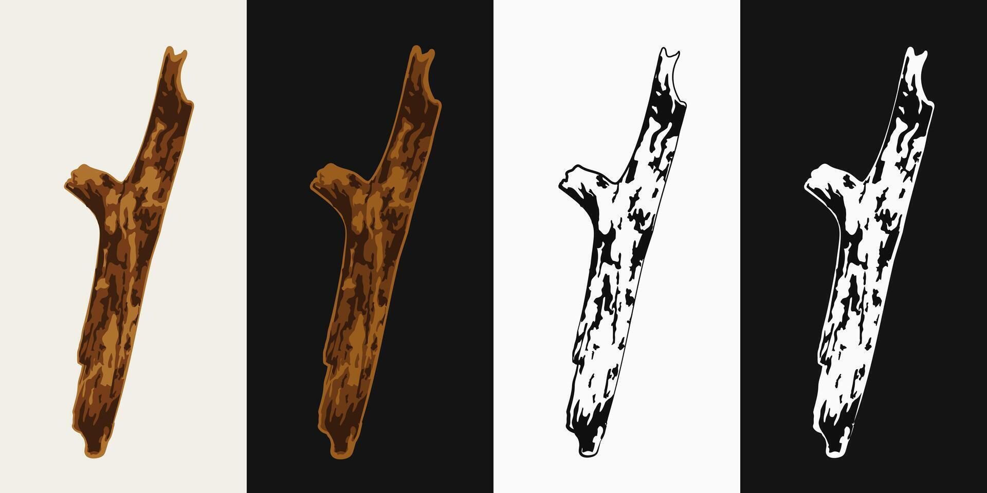 Dry thick wooden stick on a white, dark background. Tree branch without leaves. Image tracing, cleaned and simplified illustration. Realistic style. Not AI. vector