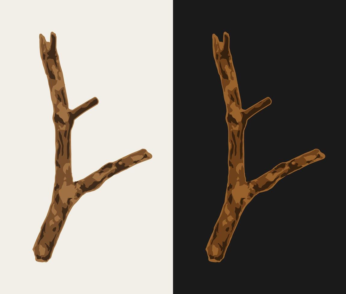 Dry thick wooden stick on a white, dark background. Tree branch without leaves. Image tracing, cleaned and simplified illustration. Realistic style. Not AI. vector