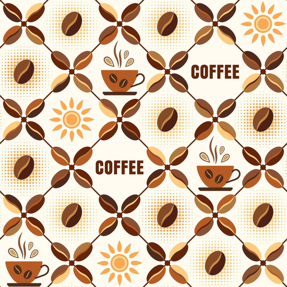 Seamless geometric pattern with icons of coffee beans, coffee cups, sun, text in diagonal square grid. Retro simple style. For branding, decoration of food package, kitchen textile vector