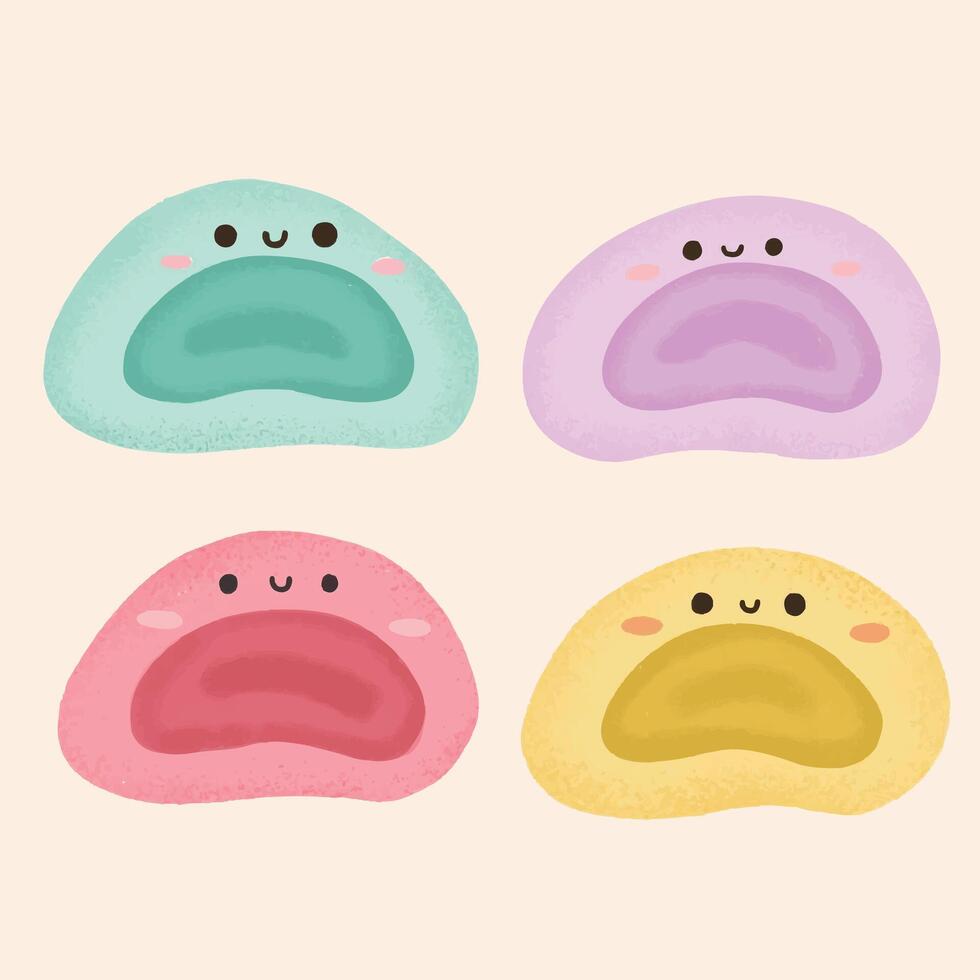 Hand drawn cute kawaii mochi set. Traditional japanese rice dessert. Set Flat Cartoon Character. vector