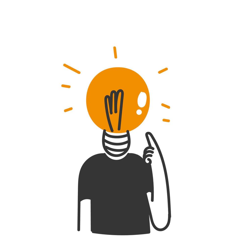hand drawn doodle person with light bulb head thinking vector