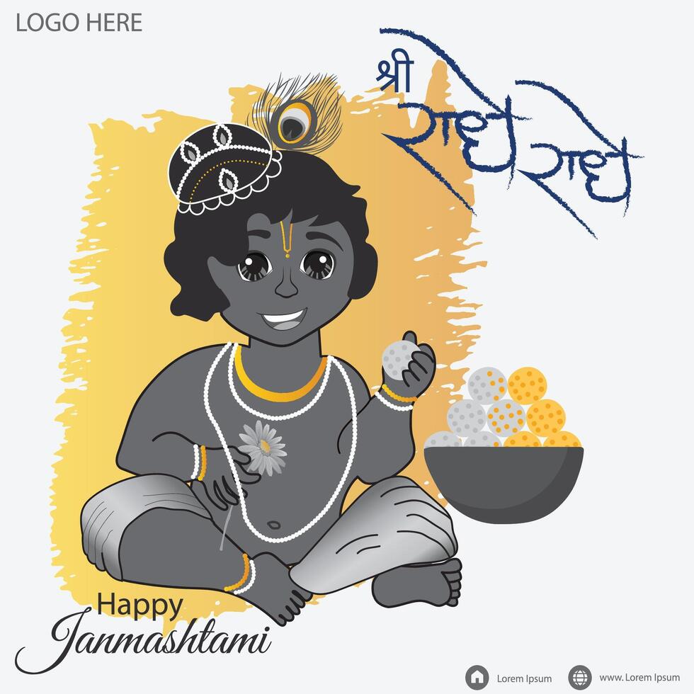 Greeting background for Hindu festival Krishna Janmashtami , birth of Lord Krishna. illustration. vector