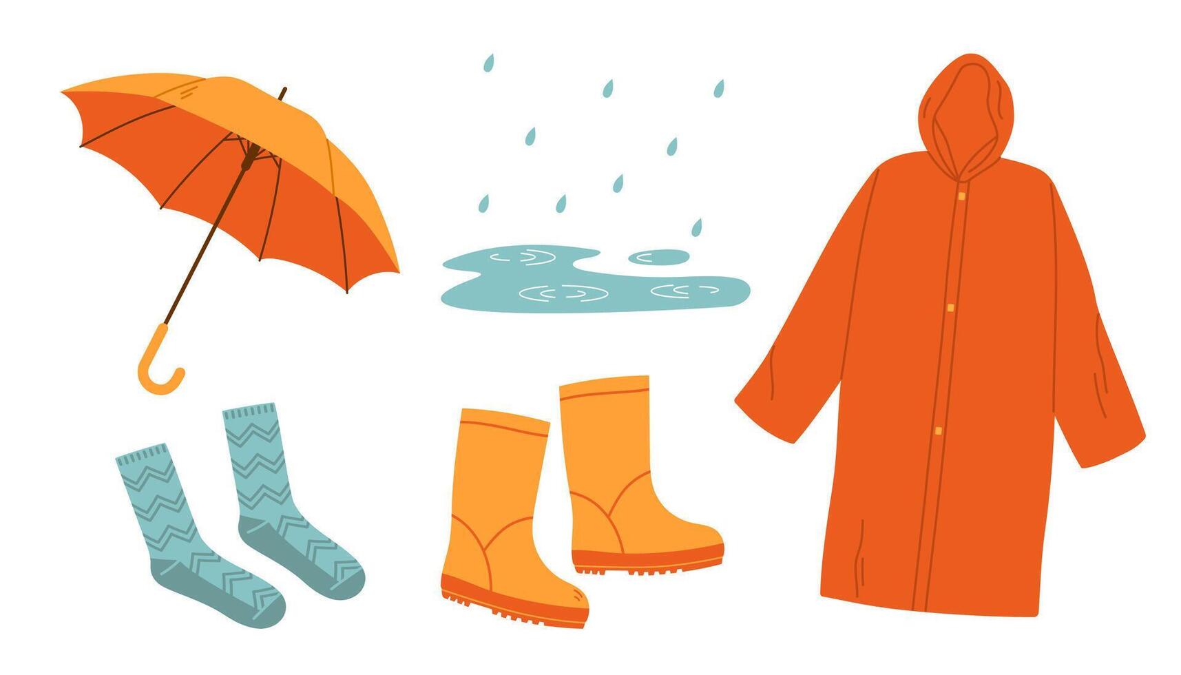 Rainy weather protection set. Umbrella and raincoat, rubber boots and pudddle with raindrops. Flat illustration isolated on white background vector