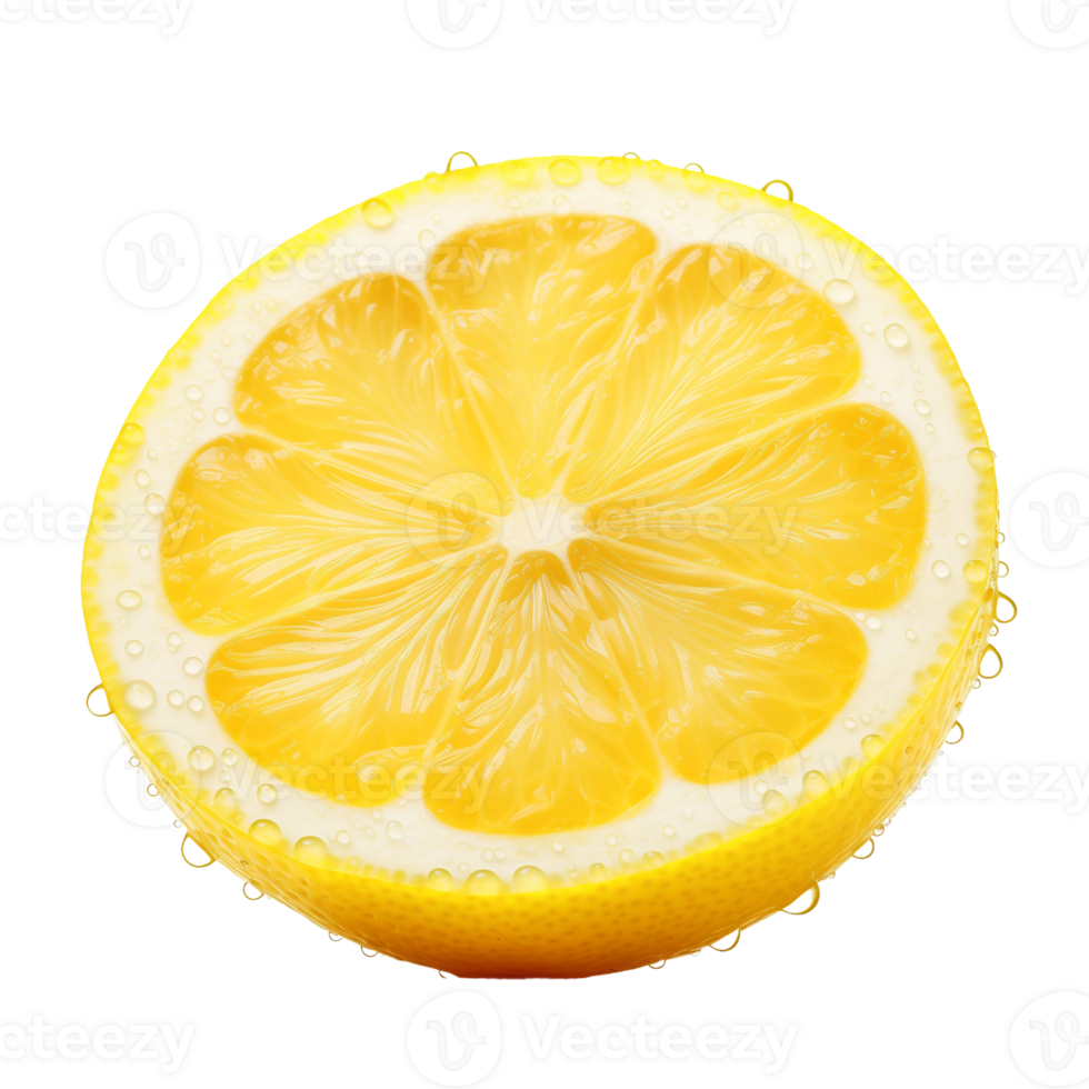 Close-up of a fresh lemon slice isolated on a transparent background. Concept of citrus fruit and healthy eating. png