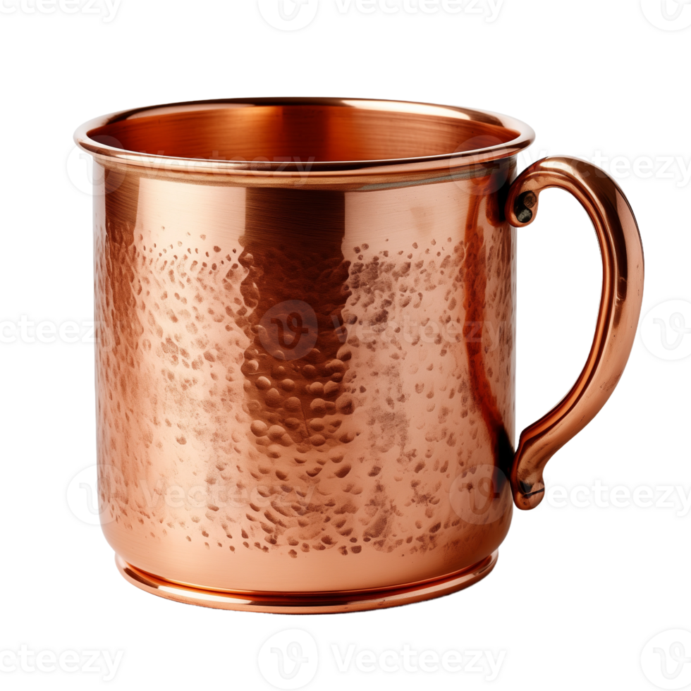 Copper mug isolated on a transparent background. Concept of rustic drinkware and traditional design. png