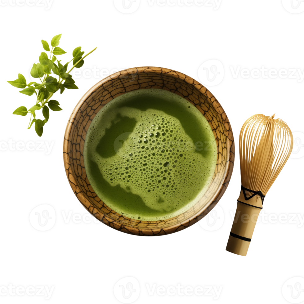 Matcha Green Tea in Traditional Bowl with Bamboo Whisk Isolated on Transparent Background. Concept of Japanese Tea Ceremony and Healthy Beverage. png