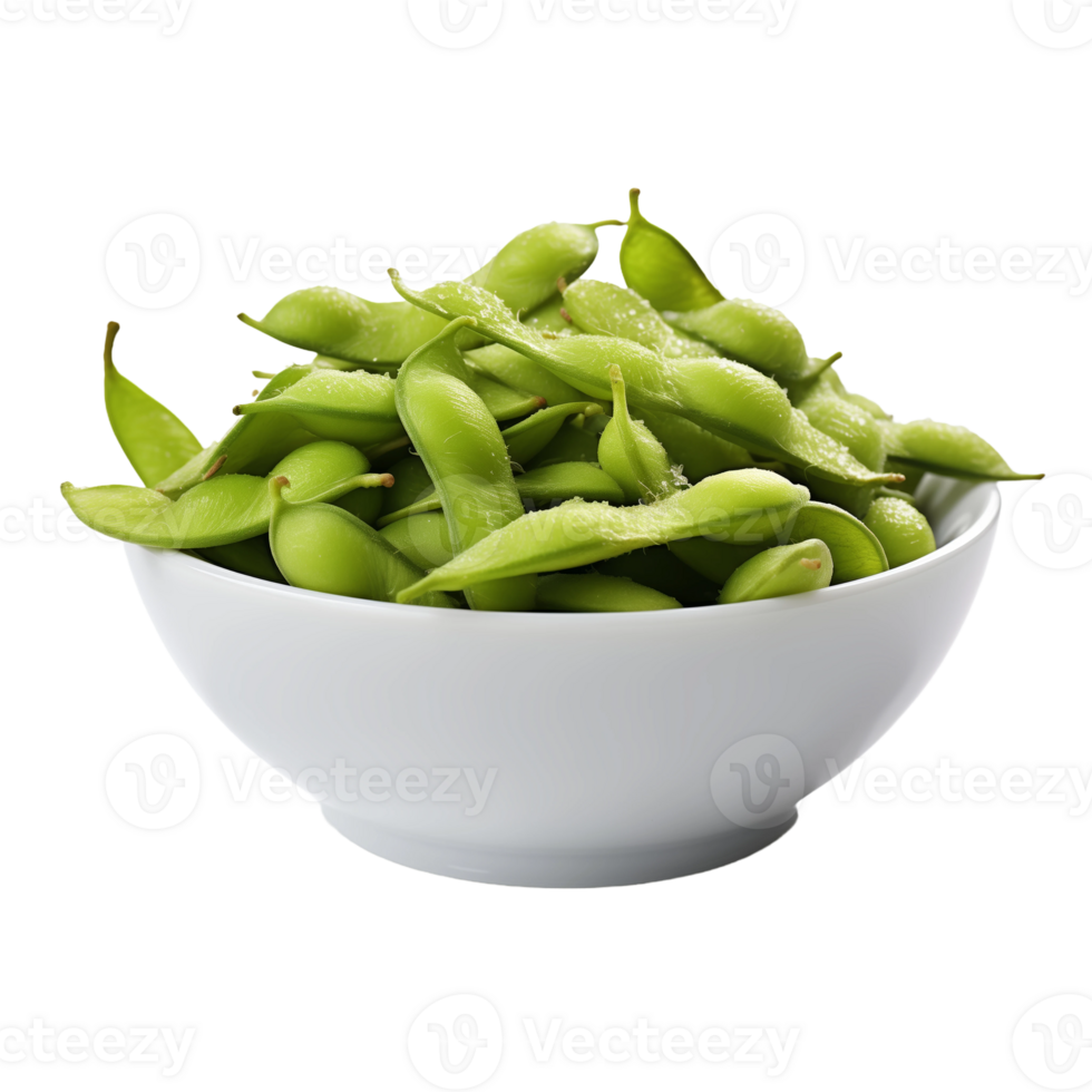 Edamame beans in white bowl isolated on transparent background. Fresh green soybeans for healthy snacking. Concept of plant-based protein and nutritious food. png