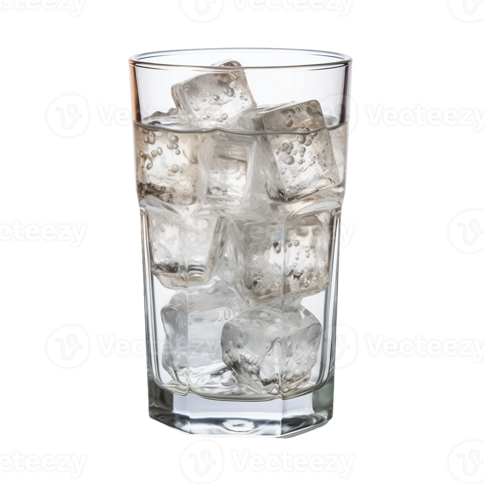 Glass of ice cubes isolated on a transparent background. Concept of cold refreshment and chilling drinks. png