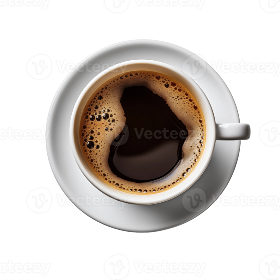Top view of a cup of black coffee isolated on a transparent background. Concept of morning beverage and caffeine. png