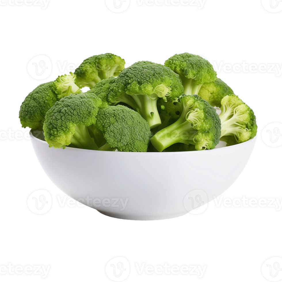 Fresh broccoli florets in white bowl isolated on transparent background. Healthy green vegetable for nutrition and diet. Concept of organic food and clean eating. png