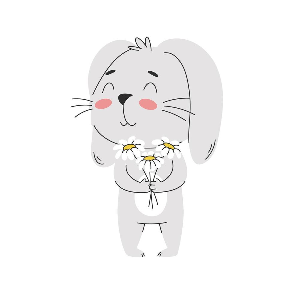 A cute smiling rabbit holding a bouquet of spring flowers vector