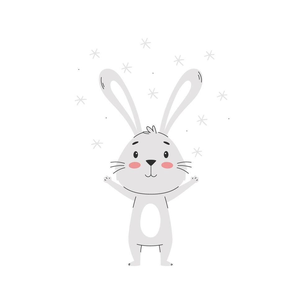 A cute smiling rabbit, rejoicing in the flying snowflakes vector