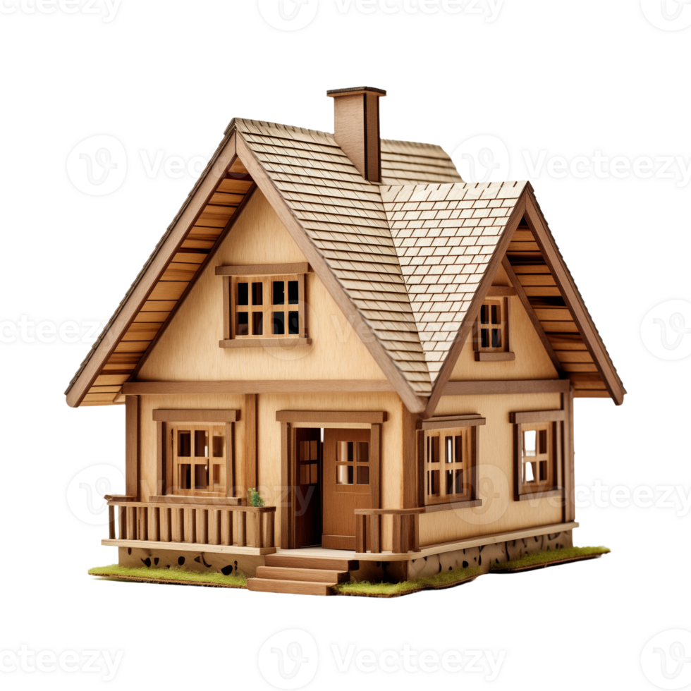 Wooden house model isolated on a transparent background. Concept of architecture, real estate, and construction. png