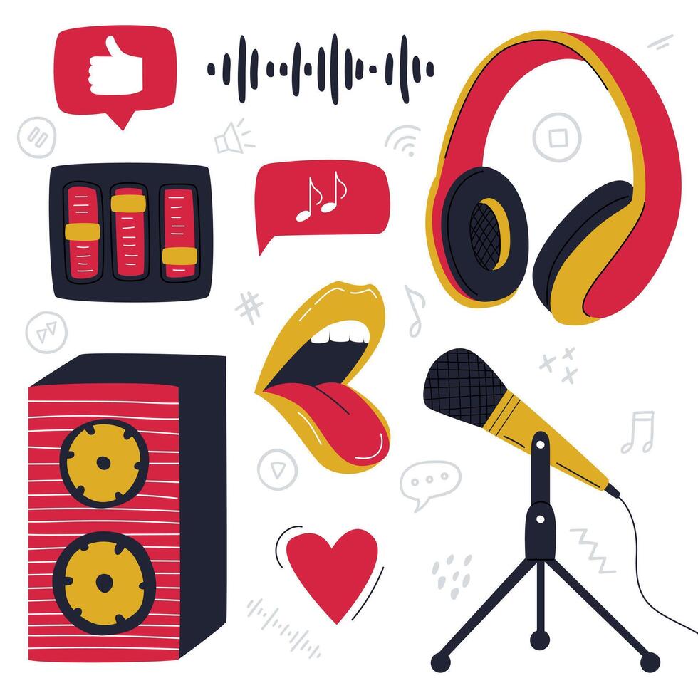 A set of design elements of a podcasting, musical, recording equipment. Over-ear headphones, a loudspeaker, a microphone on a stand with wire. Color flat illustrations isolated on white vector