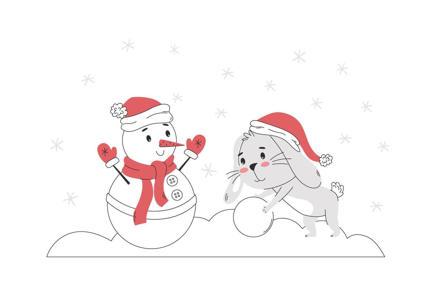 Rabbit rolls a snowball, makes a snowman. vector