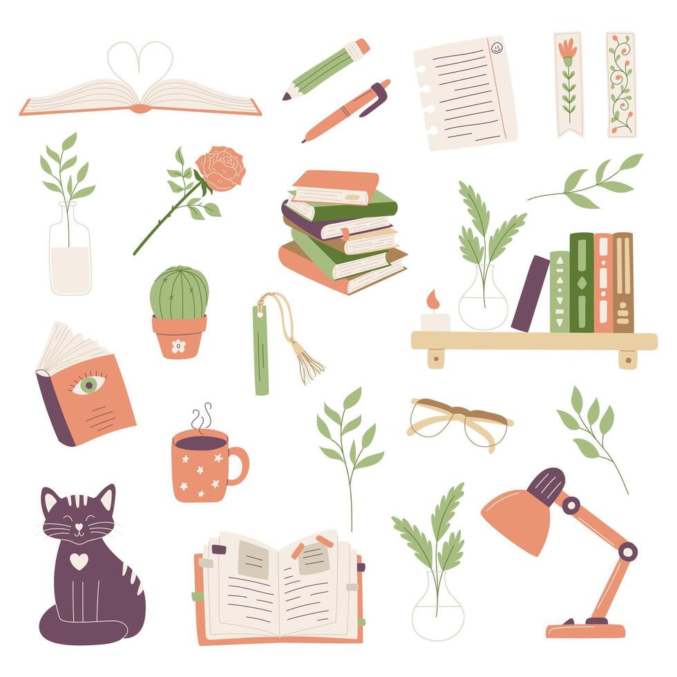 Set of books and decorative elements, symbolizing reading, learning. Stack of books, bookmark, bookshelf, table lamp. Minimal flat cartoon illustration isolated on a white background. vector