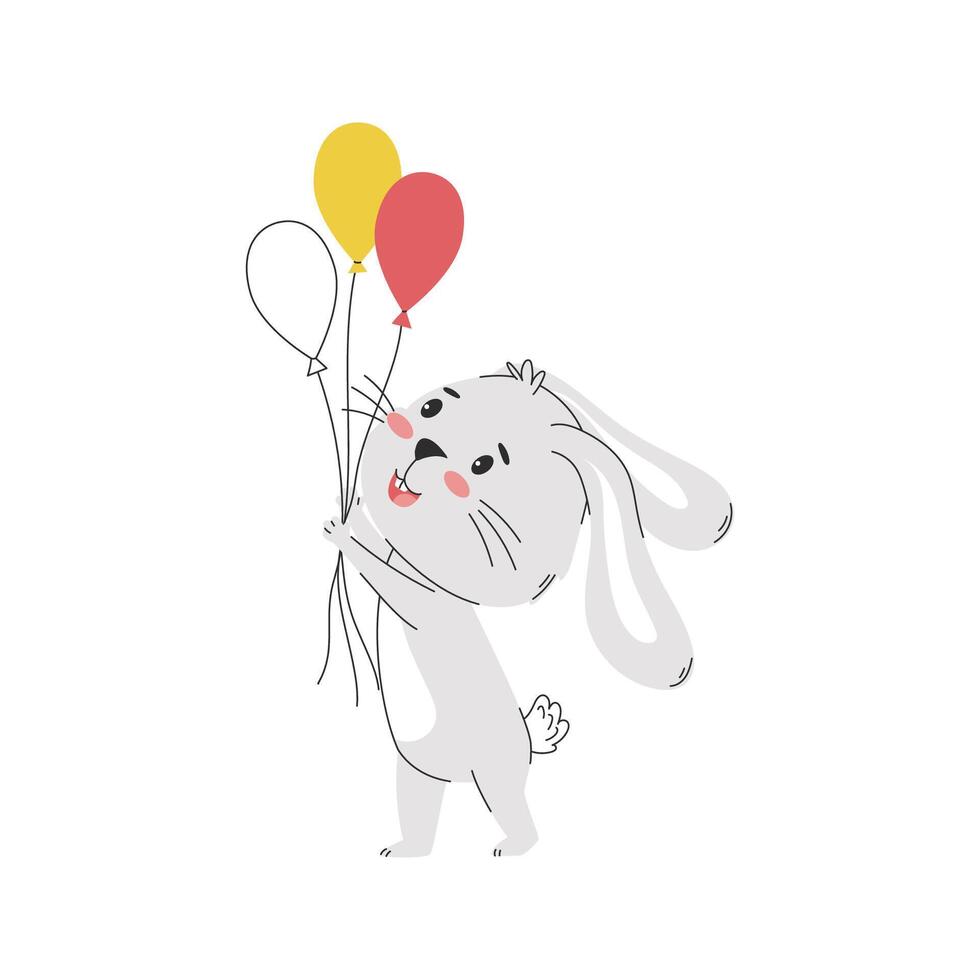 A cute smiling rabbit holding festive balloons in its paws vector