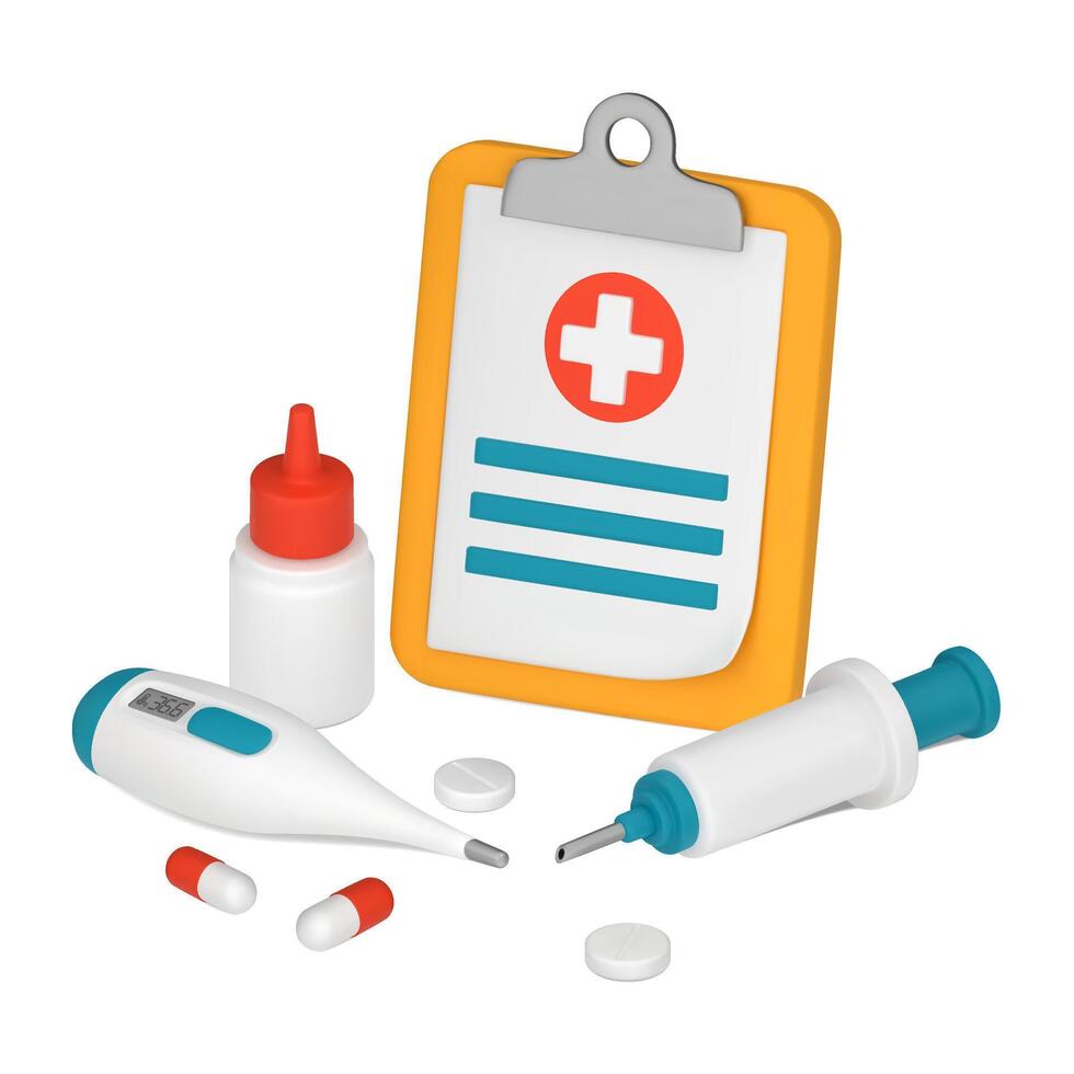 A Clipboard with a Red Cross. Medical equipment, thermometer, syringe, tablets, capsules. 3D illustration isolated on white background vector