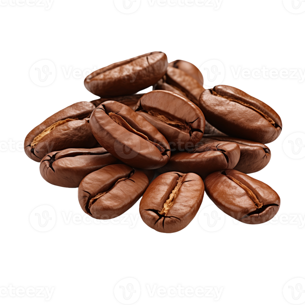 Pile of roasted coffee beans isolated on a transparent background. Concept of fresh coffee and caffeine. png