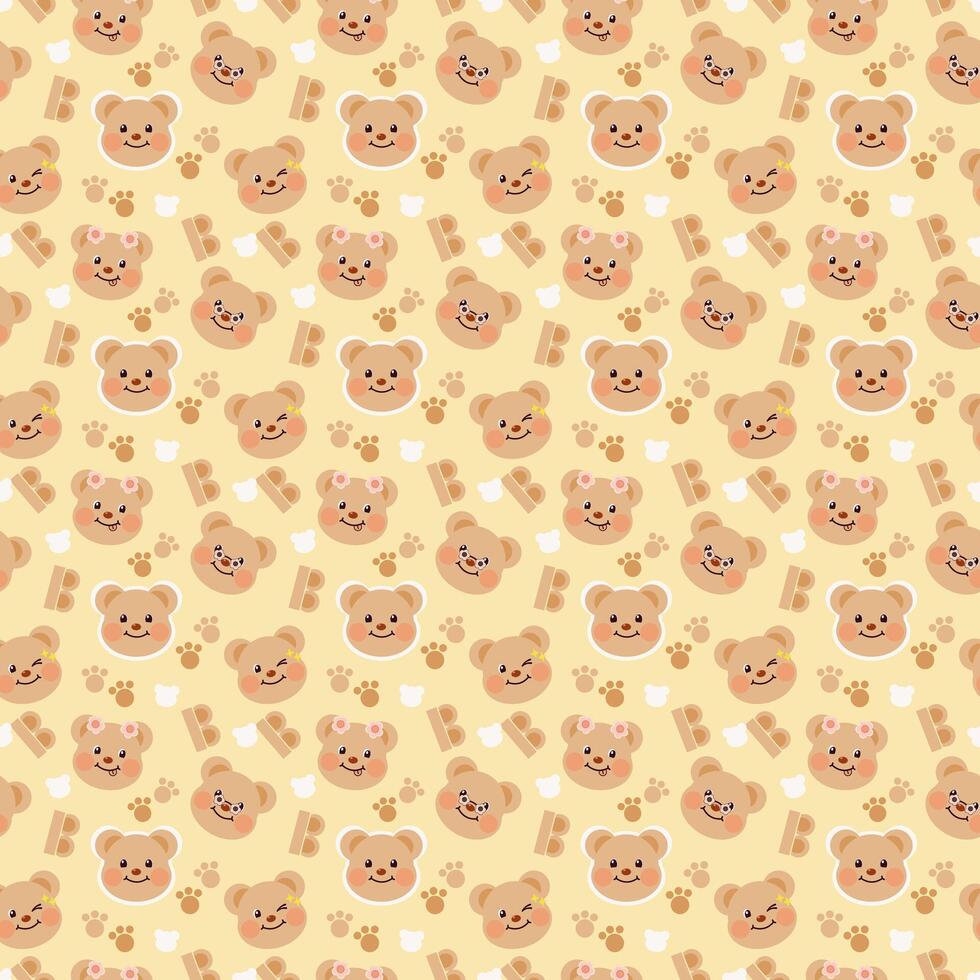 brown teddy butter bear cute hand drawn face with hearts and polka dot texture, pastel beige seamless pattern background vector