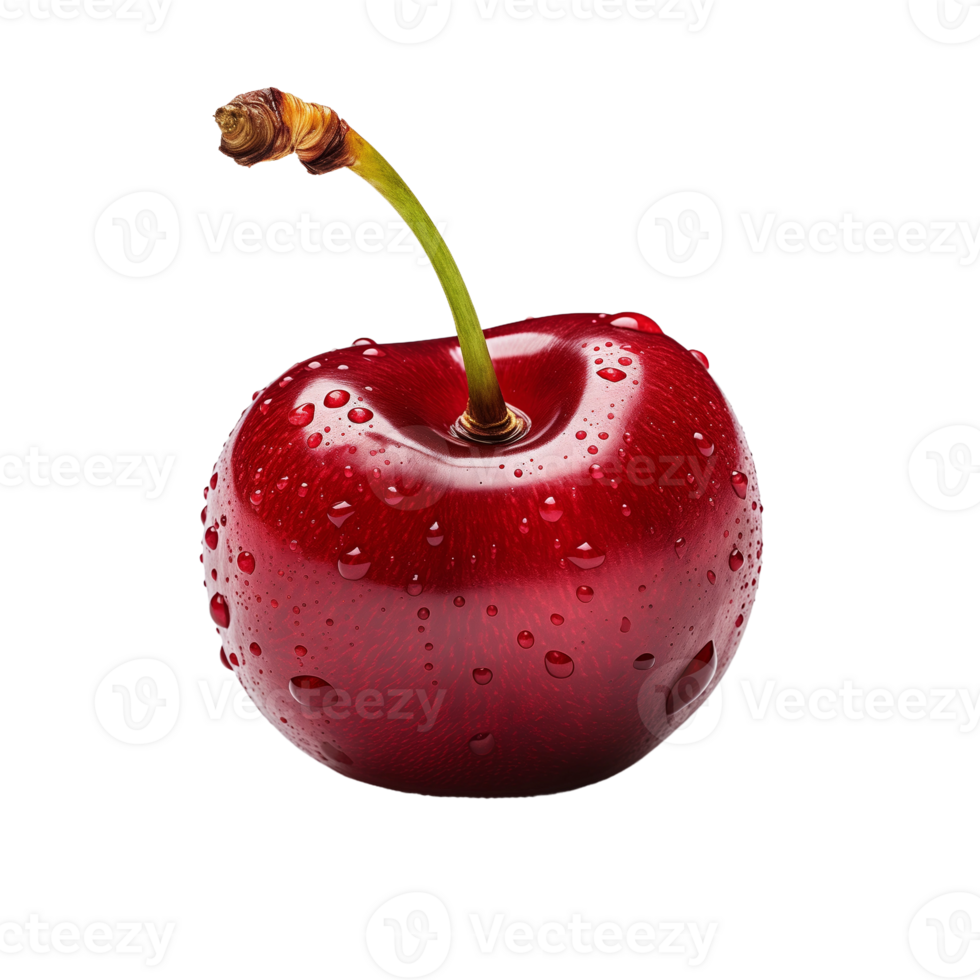 Single fresh cherry with water droplets isolated on a transparent background. Concept of summer fruit and hydration. png