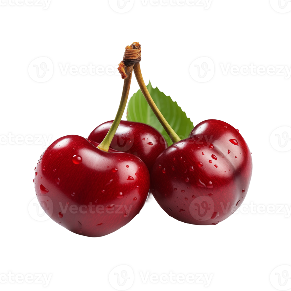 Fresh Red Cherries with Stems Isolated on Transparent Background. Concept of Juicy Summer Fruits and Healthy Eating. png