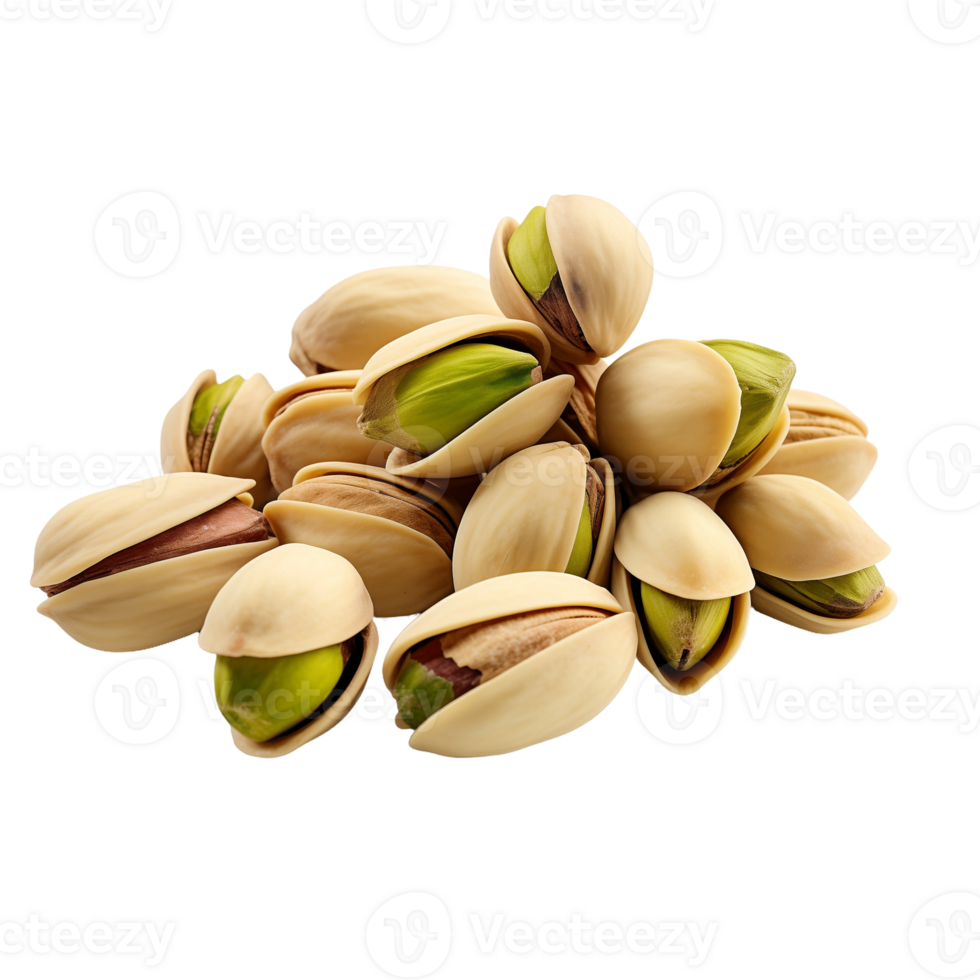 Pile of pistachios isolated on a transparent background. Concept of healthy snack and nutritious nuts. png