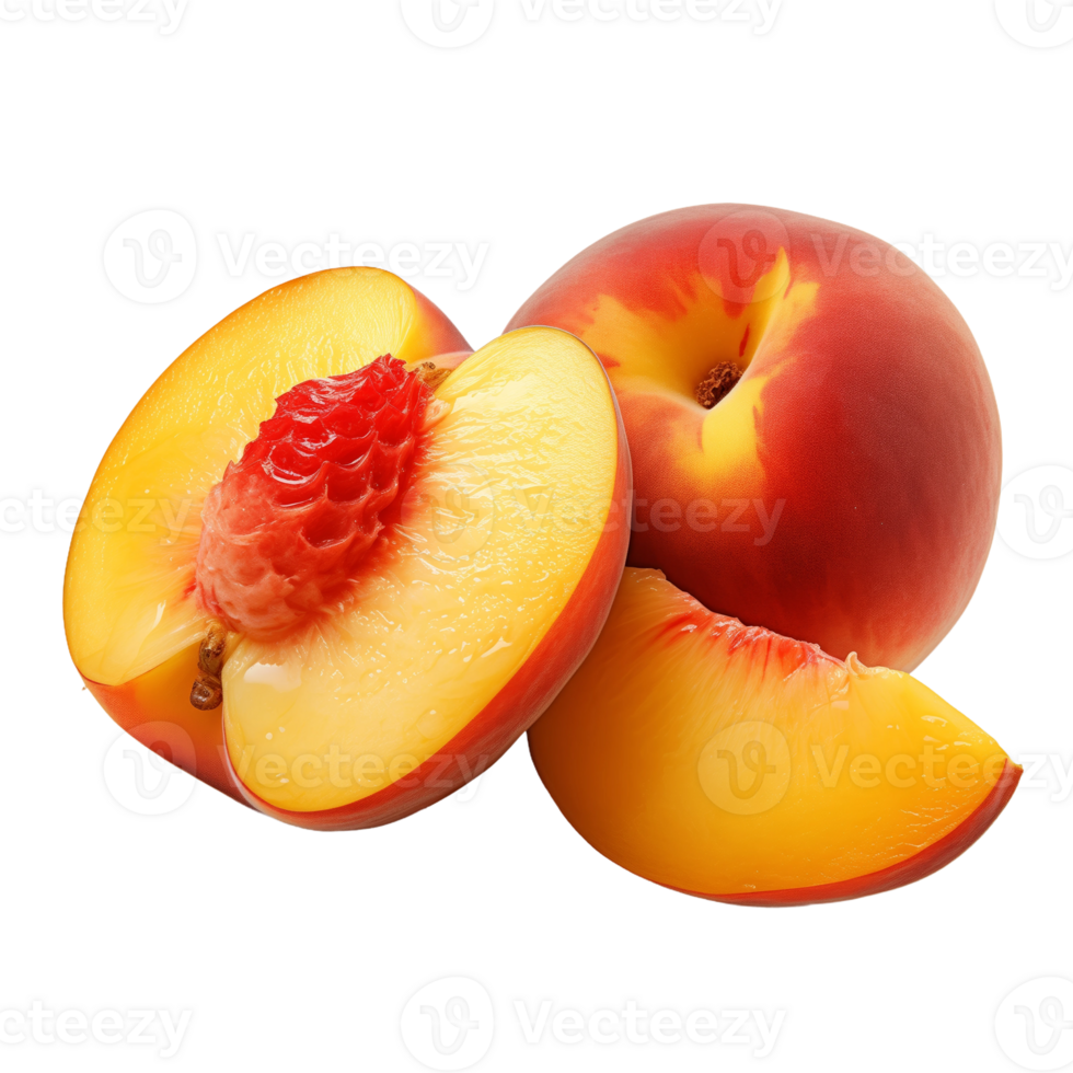 Fresh peach with one half and pit isolated on a transparent background. Concept of summer fruit and healthy eating. png