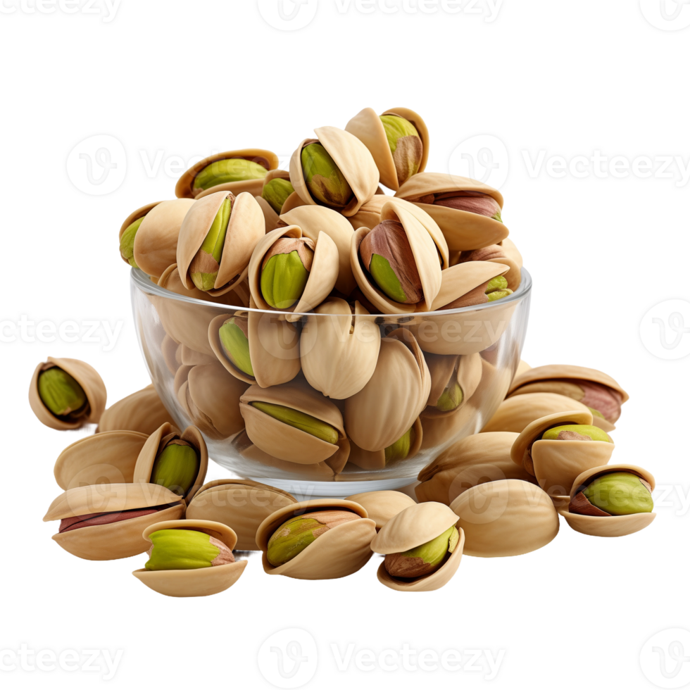 Bowl of pistachios isolated on a transparent background. Concept of healthy snack and nutritious nuts. png