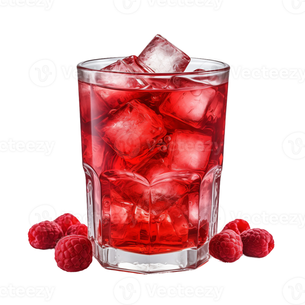 Glass of raspberry juice with ice cubes and fresh raspberries isolated on a transparent background. Concept of refreshing fruit beverage. png