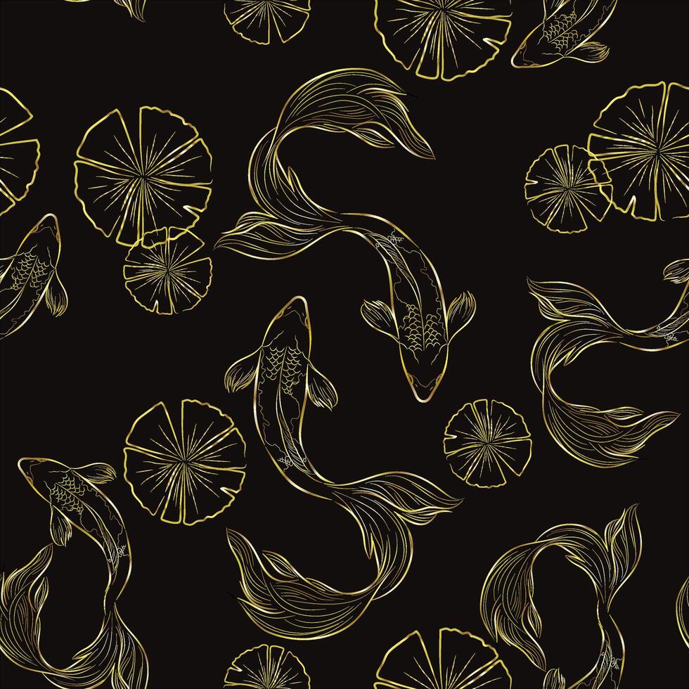 banner with traditional Chinese elements and ornament. Koi carp in gold color on a red background with peony flowers. Chinese background.fish koi japanese chinese design sketch ink paint style vector