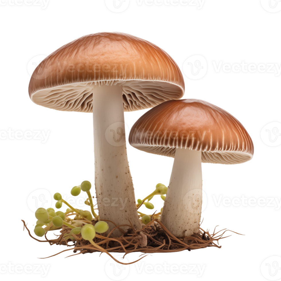 Pair of fresh mushrooms with roots isolated on a transparent background. Concept of organic vegetables and healthy eating. png