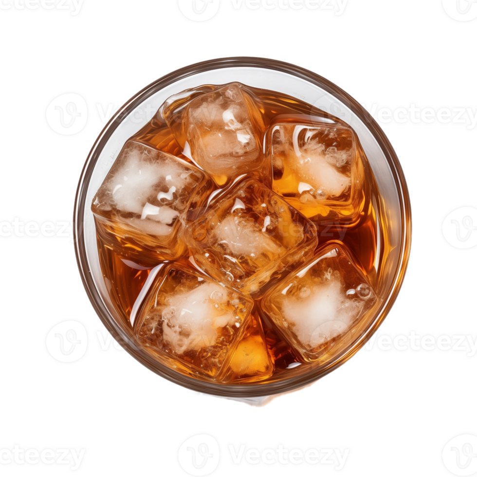 Glass of iced coffee with ice cubes isolated on a transparent background. Concept of refreshing summer drink and caffeine. png