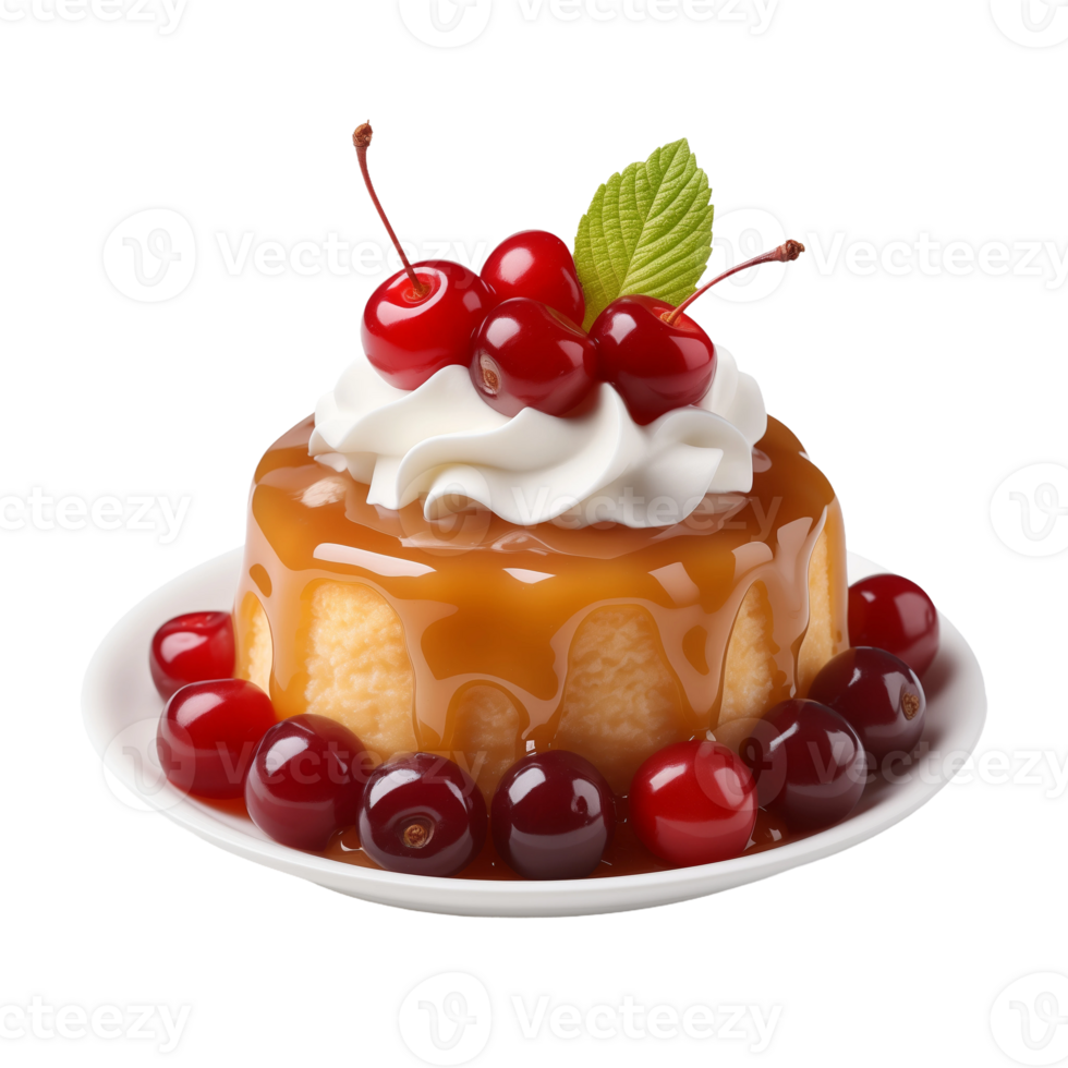 Caramel Flan with Whipped Cream and Cherries on Isolated Transparent Background png